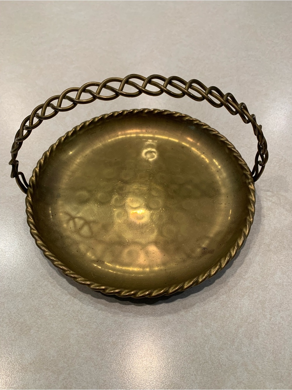 Vintage MCM Handmade Sweden 9” Round Brass Tray with Braided Handle